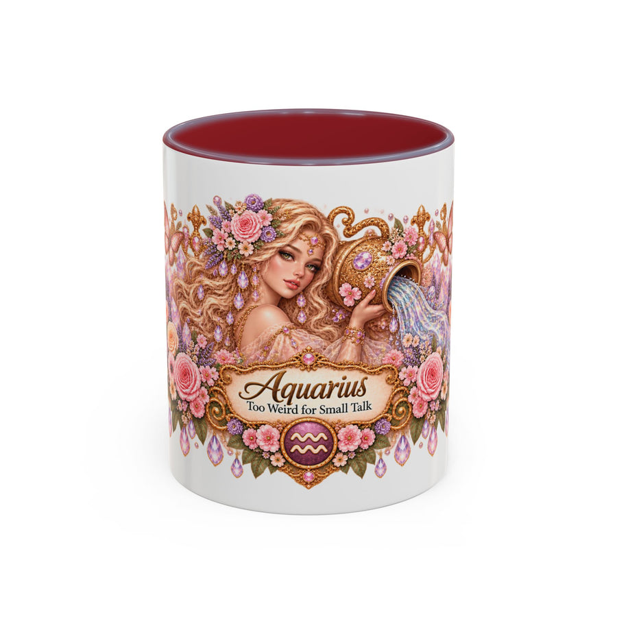 Aquarius Floral Zodiac accent coffee mug, 11oz, white with maroon interior and handle
