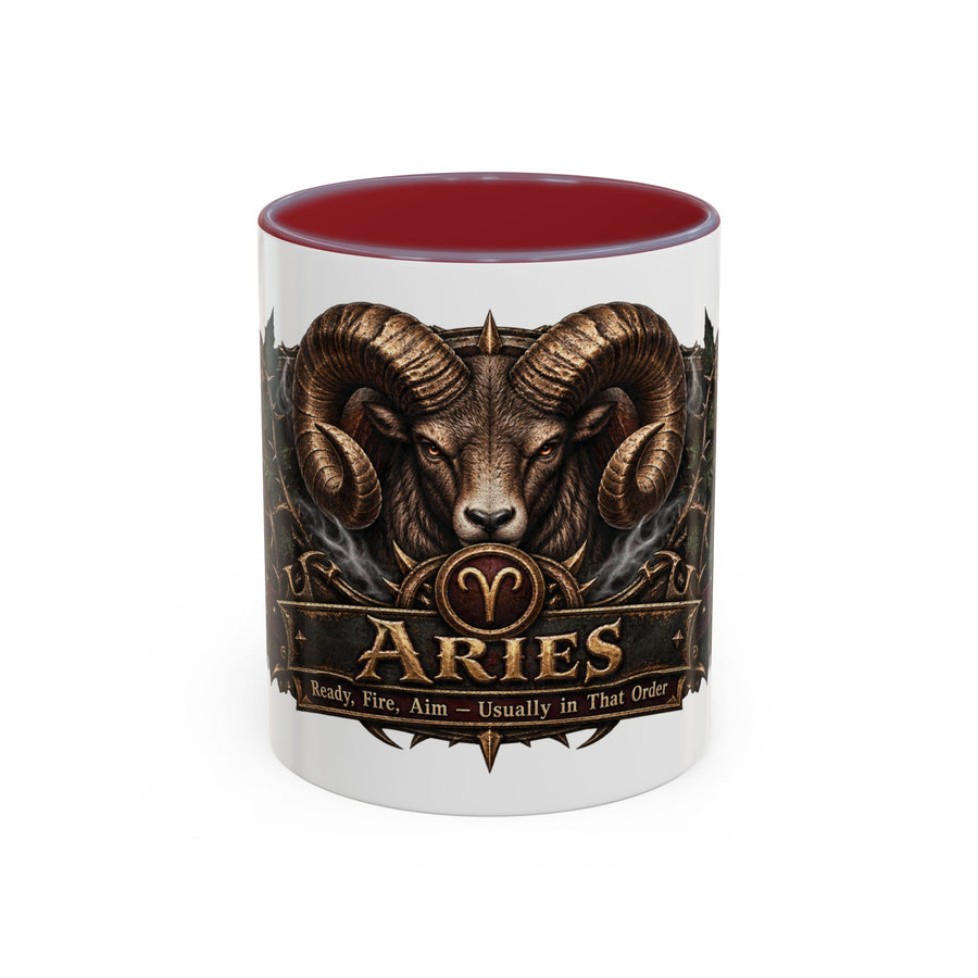 Aries Bronze Zodiac accent coffee mug, 11oz, white with maroon interior and handle