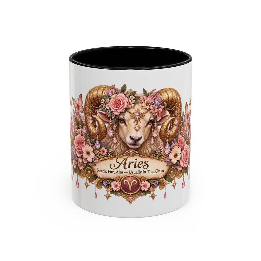 Aries Floral Zodiac accent coffee mug, 11oz, white with black interior and handle