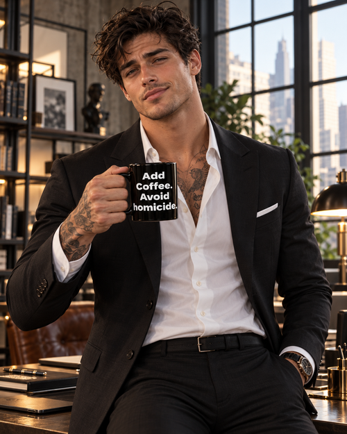 Add Coffee, Avoid Homicide black coffee mug in a cozy lifestyle photo
