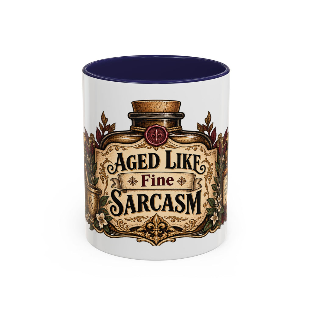 Aged Like Fine Sarcasm accent coffee mug, 11oz, white with navy interior and handle