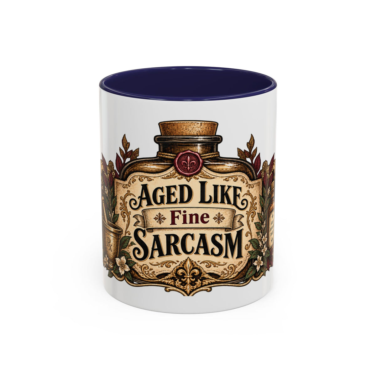 Aged Like Fine Sarcasm accent coffee mug, 11oz, white with navy interior and handle
