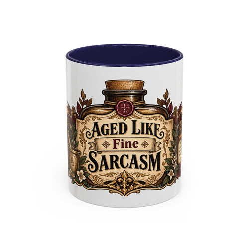 Aged Like Fine Sarcasm accent coffee mug, 11oz, white with navy interior and handle