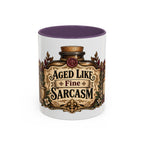 Aged Like Fine Sarcasm accent coffee mug, 11oz, white with purple interior and handle