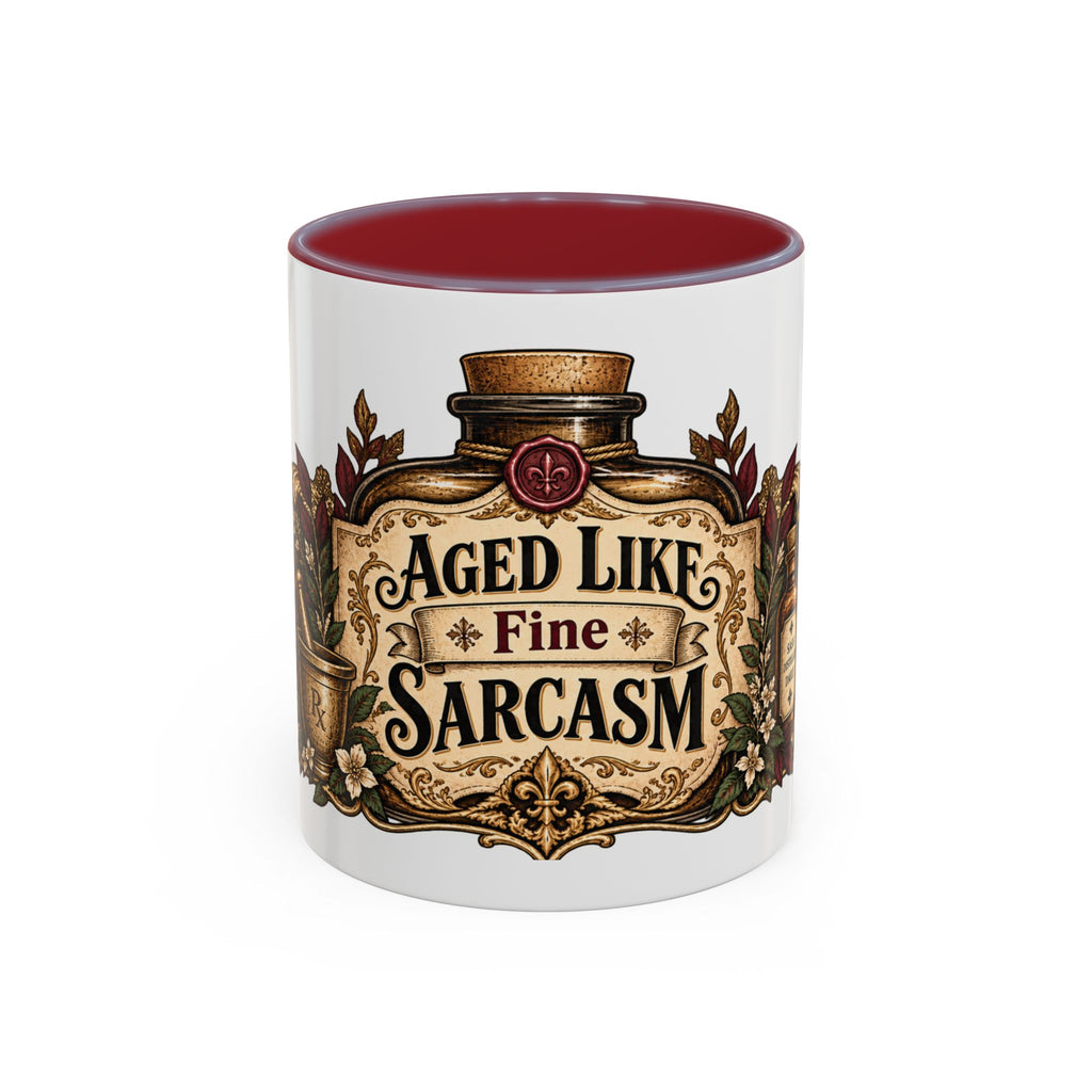 Aged Like Fine Sarcasm accent coffee mug, 11oz, white with maroon interior and handle