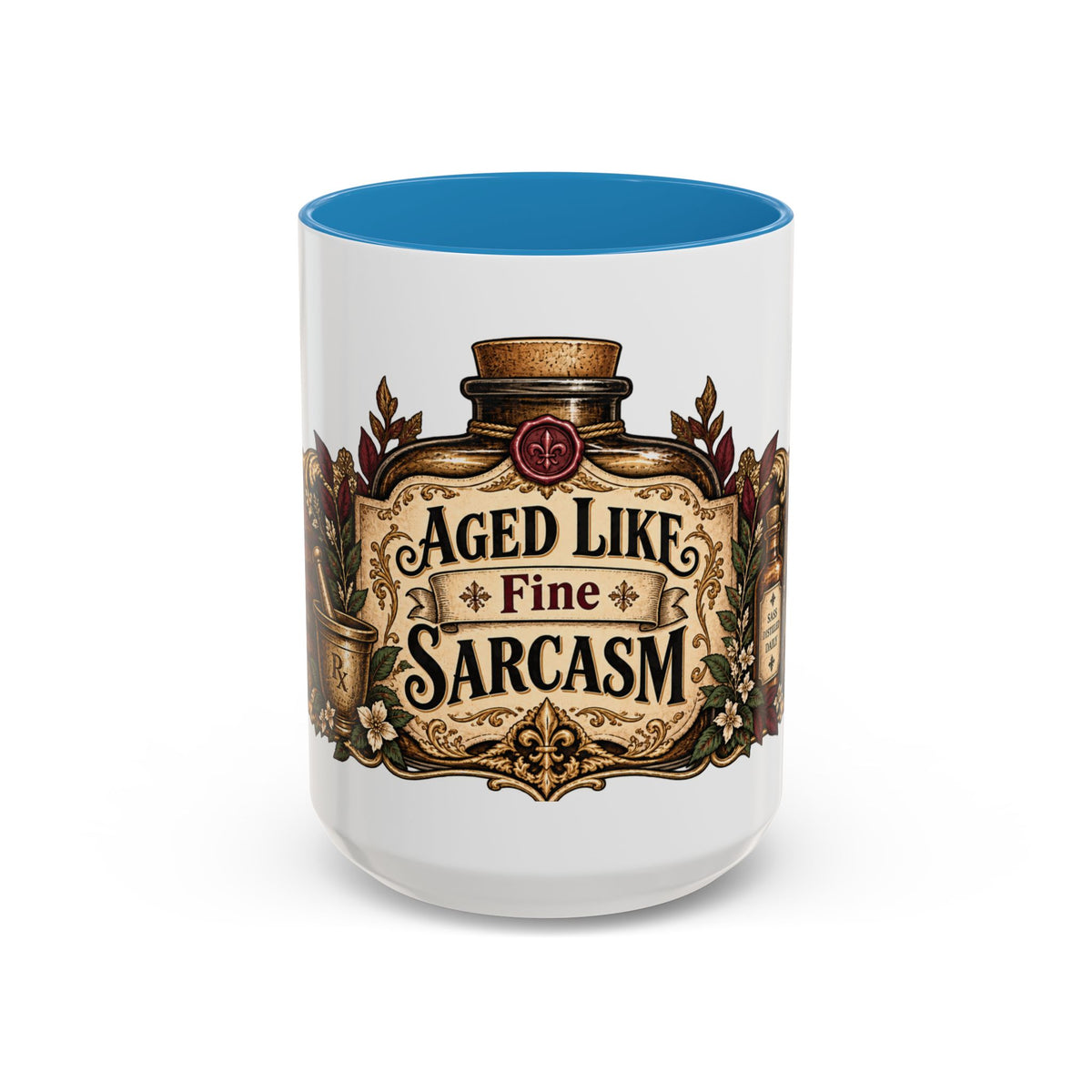 Aged Like Fine Sarcasm accent coffee mug, 15oz, white with blue interior and handle