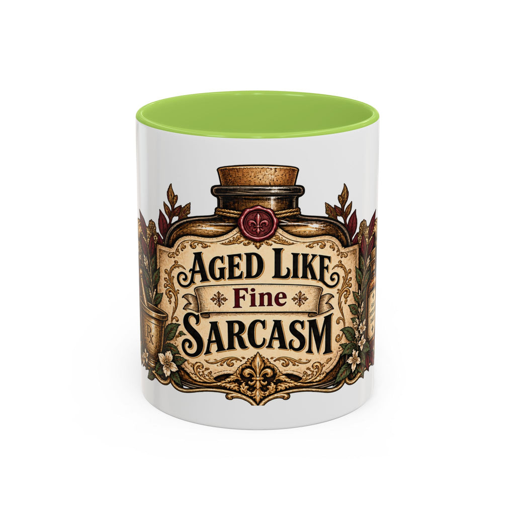 Aged Like Fine Sarcasm accent coffee mug, 11oz, white with light green interior and handle