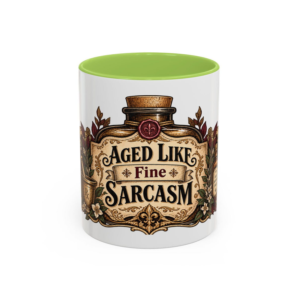 Aged Like Fine Sarcasm accent coffee mug, 11oz, white with light green interior and handle