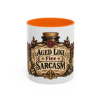 Aged Like Fine Sarcasm accent coffee mug, 11oz, white with orange interior and handle