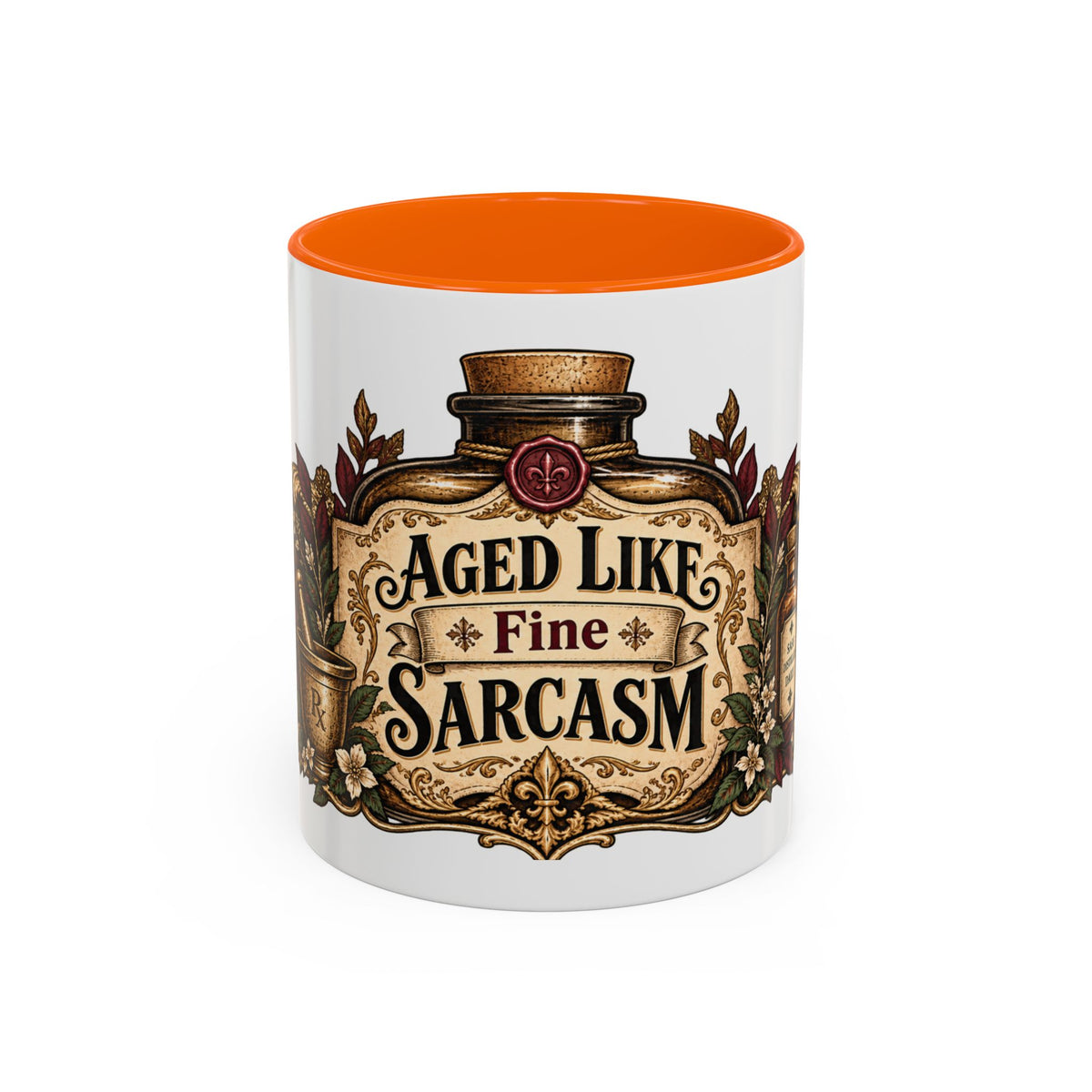 Aged Like Fine Sarcasm accent coffee mug, 11oz, white with orange interior and handle