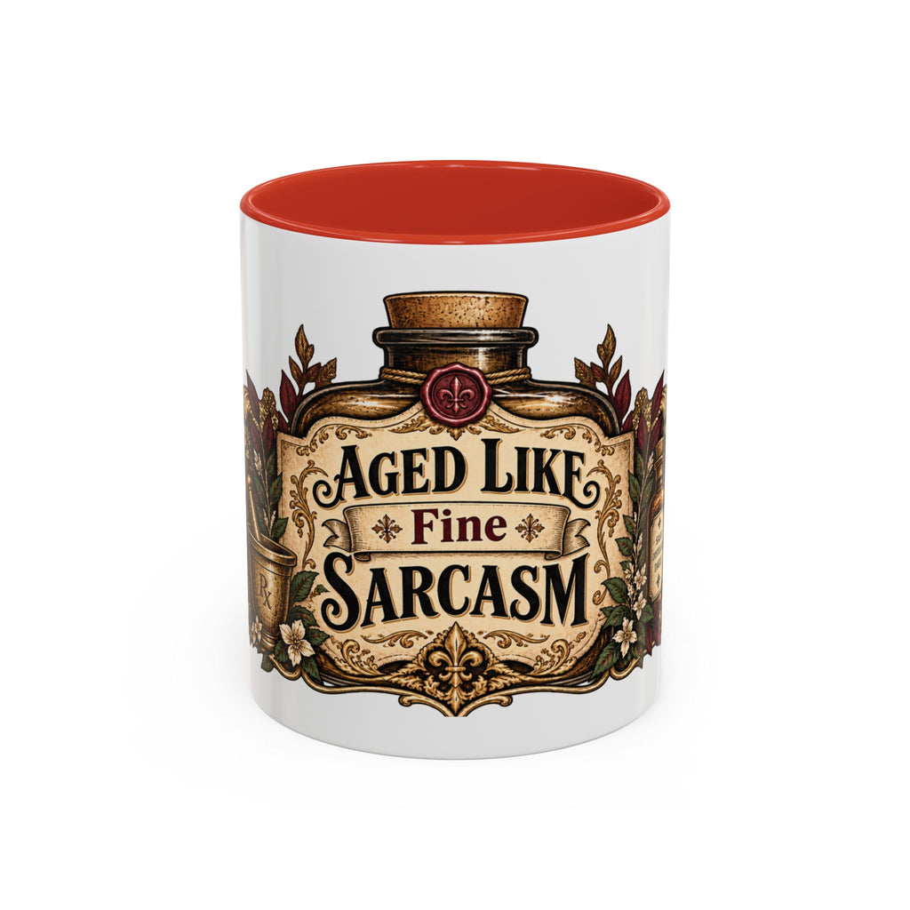 Aged Like Fine Sarcasm accent coffee mug, 11oz, white with red interior and handle