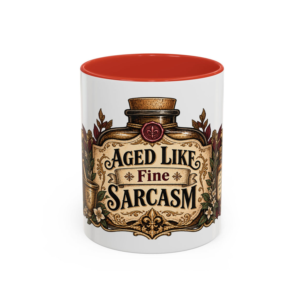 Aged Like Fine Sarcasm accent coffee mug, 11oz, white with red interior and handle