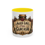Aged Like Fine Sarcasm accent coffee mug, 11oz, white with yellow interior and handle