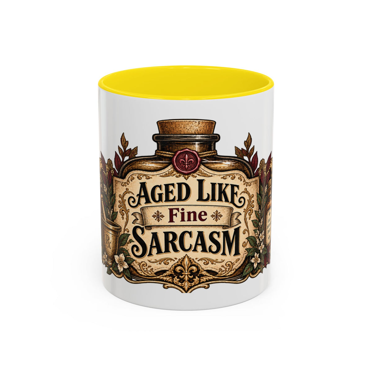 Aged Like Fine Sarcasm accent coffee mug, 11oz, white with yellow interior and handle