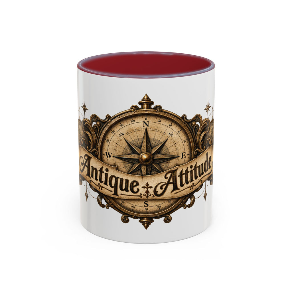 Antique Attitude accent coffee mug, 11oz, white with maroon interior and handle