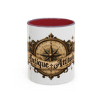 Antique Attitude accent coffee mug, 11oz, white with maroon interior and handle