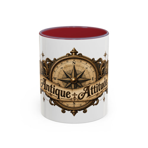 Antique Attitude accent coffee mug, 11oz, white with maroon interior and handle