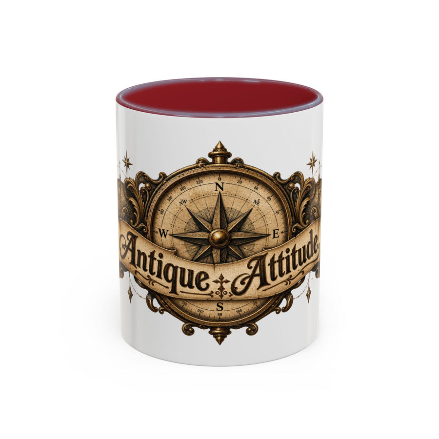 Antique Attitude accent coffee mug, 11oz, white with maroon interior and handle