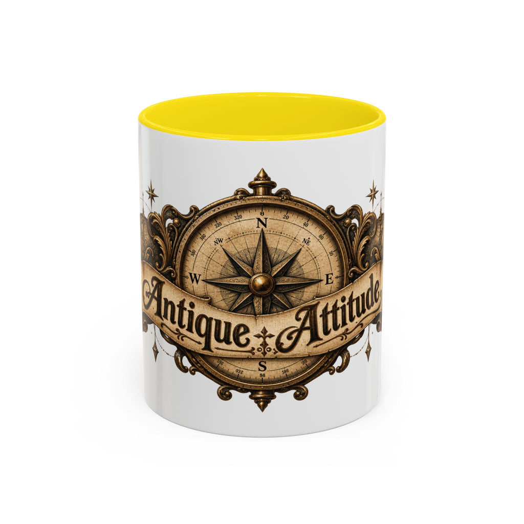Antique Attitude accent coffee mug, 11oz, white with yellow interior and handle