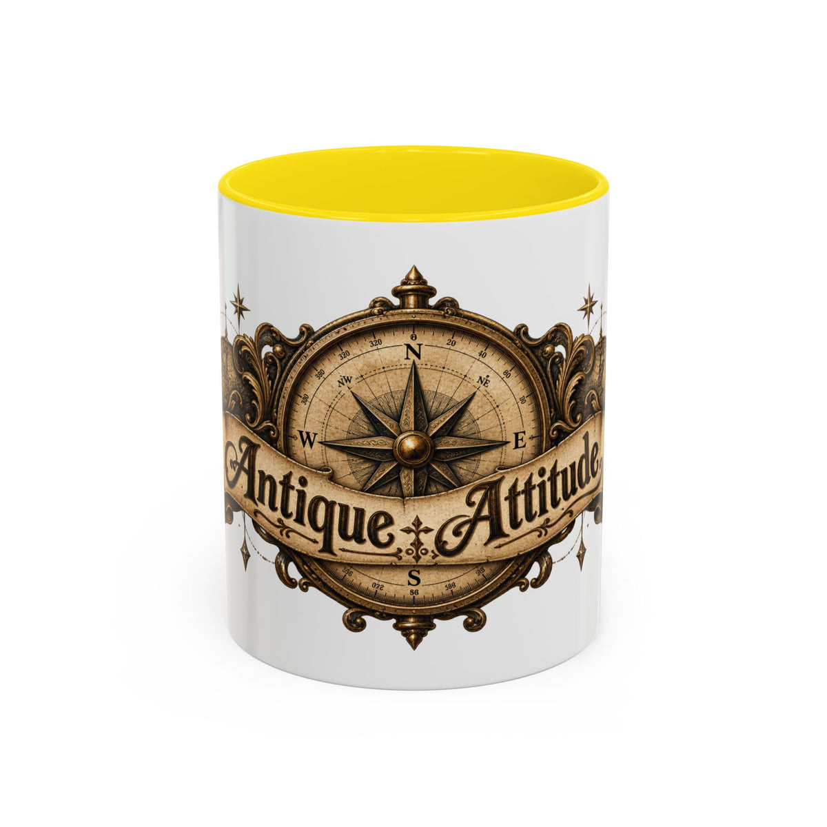 Antique Attitude accent coffee mug, 11oz, white with yellow interior and handle