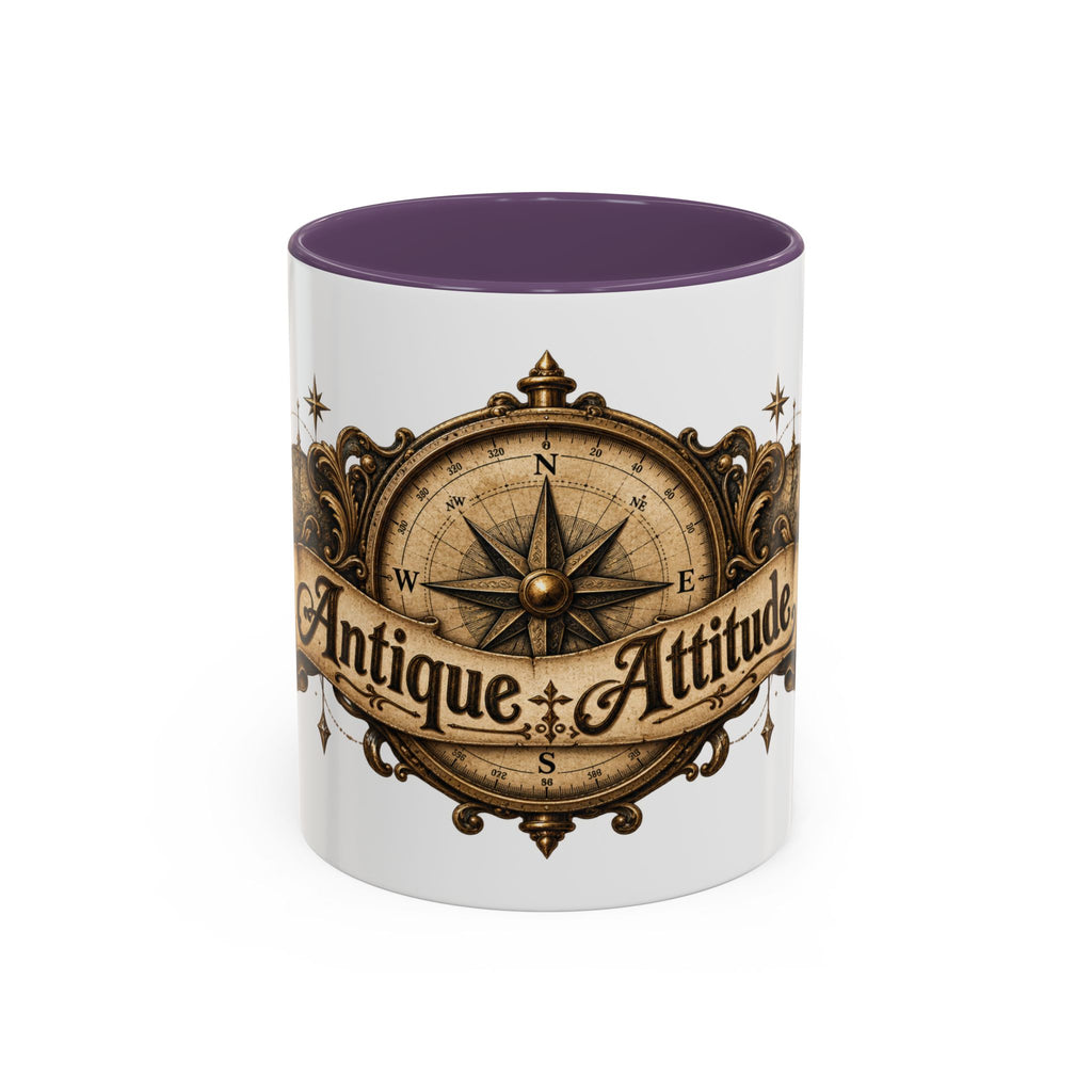 Antique Attitude accent coffee mug, 11oz, white with purple interior and handle