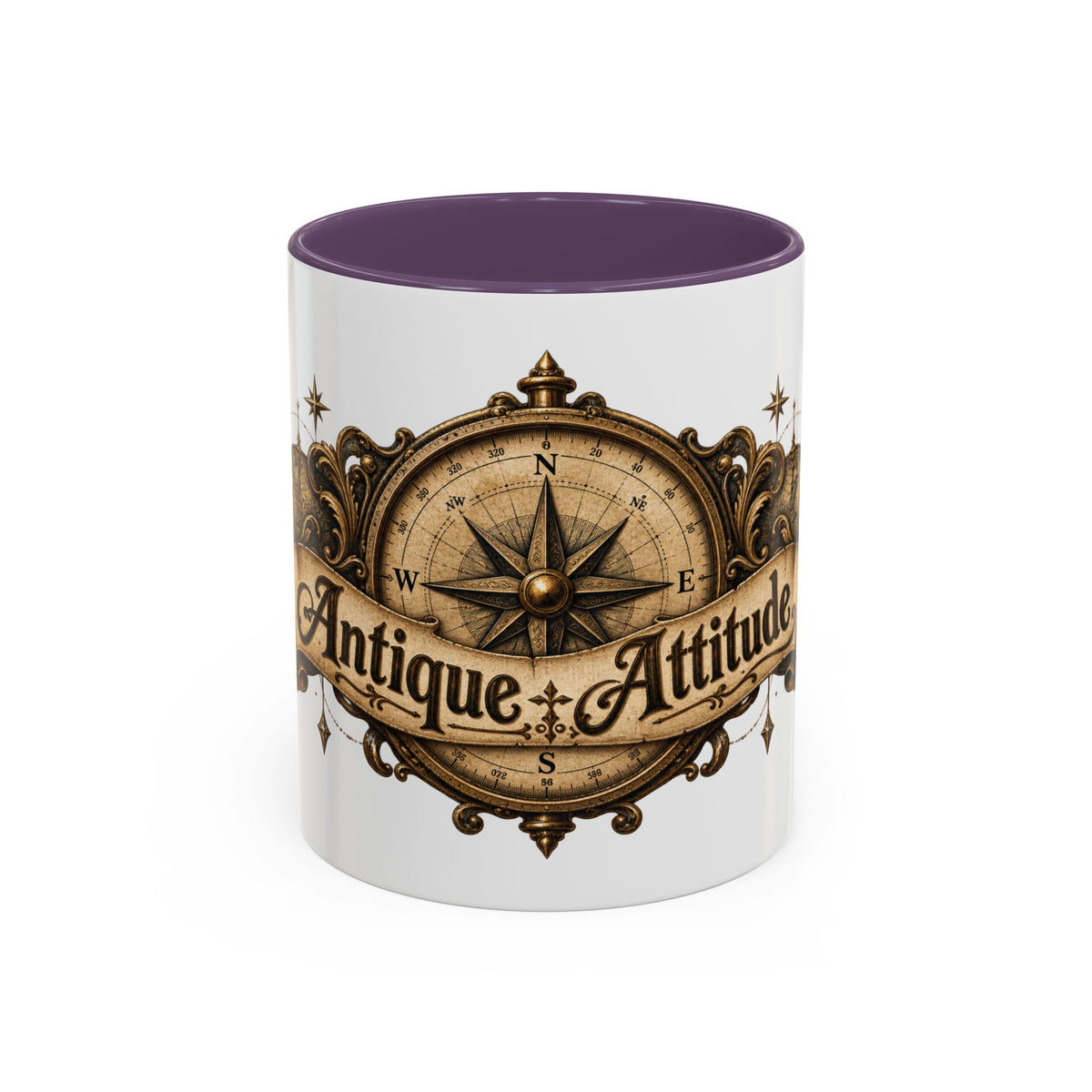 Antique Attitude accent coffee mug, 11oz, white with purple interior and handle