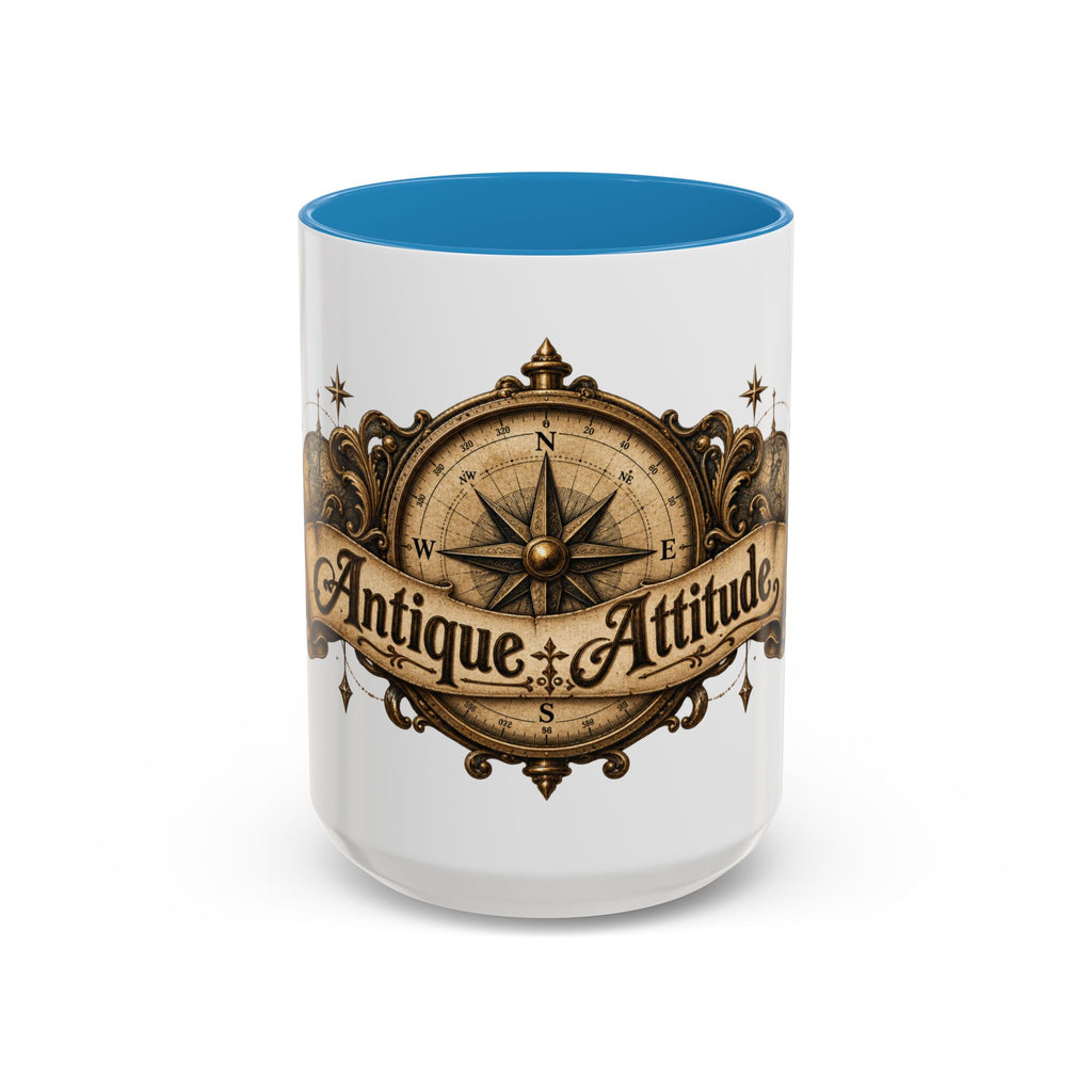 Antique Attitude accent coffee mug, 15oz, white with blue interior and handle