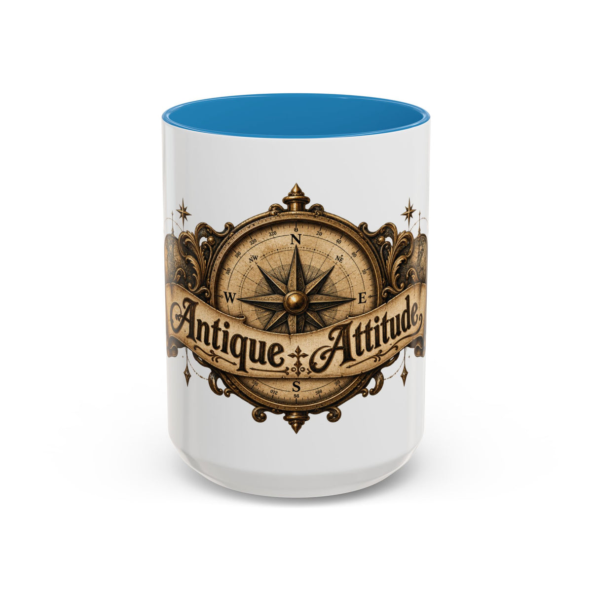 Antique Attitude accent coffee mug, 15oz, white with blue interior and handle