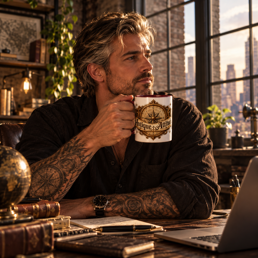Antique Attitude accent coffee mug in a cozy lifestyle photo