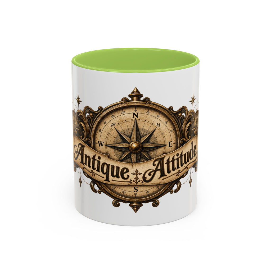 Antique Attitude accent coffee mug, 11oz, white with light green interior and handle