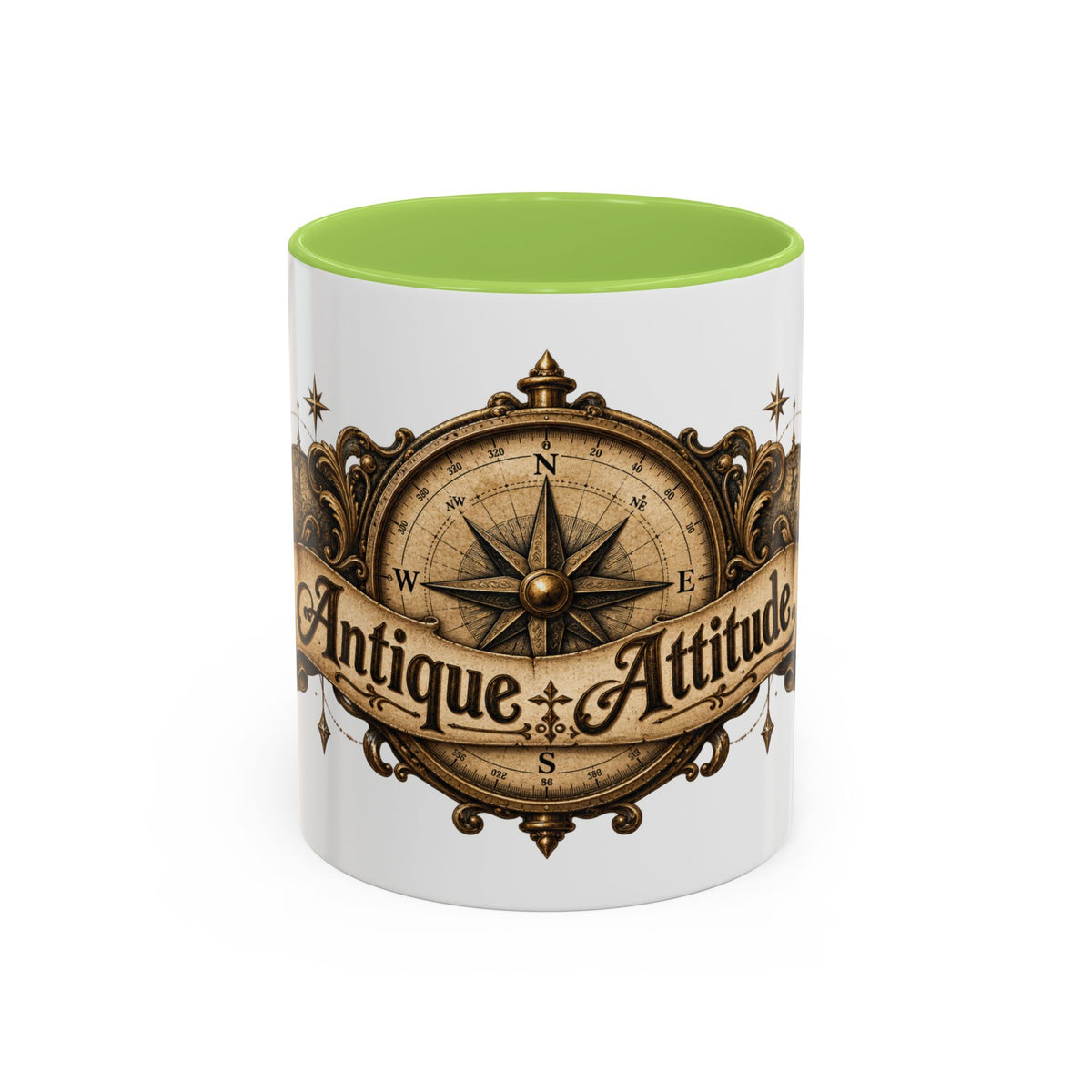 Antique Attitude accent coffee mug, 11oz, white with light green interior and handle