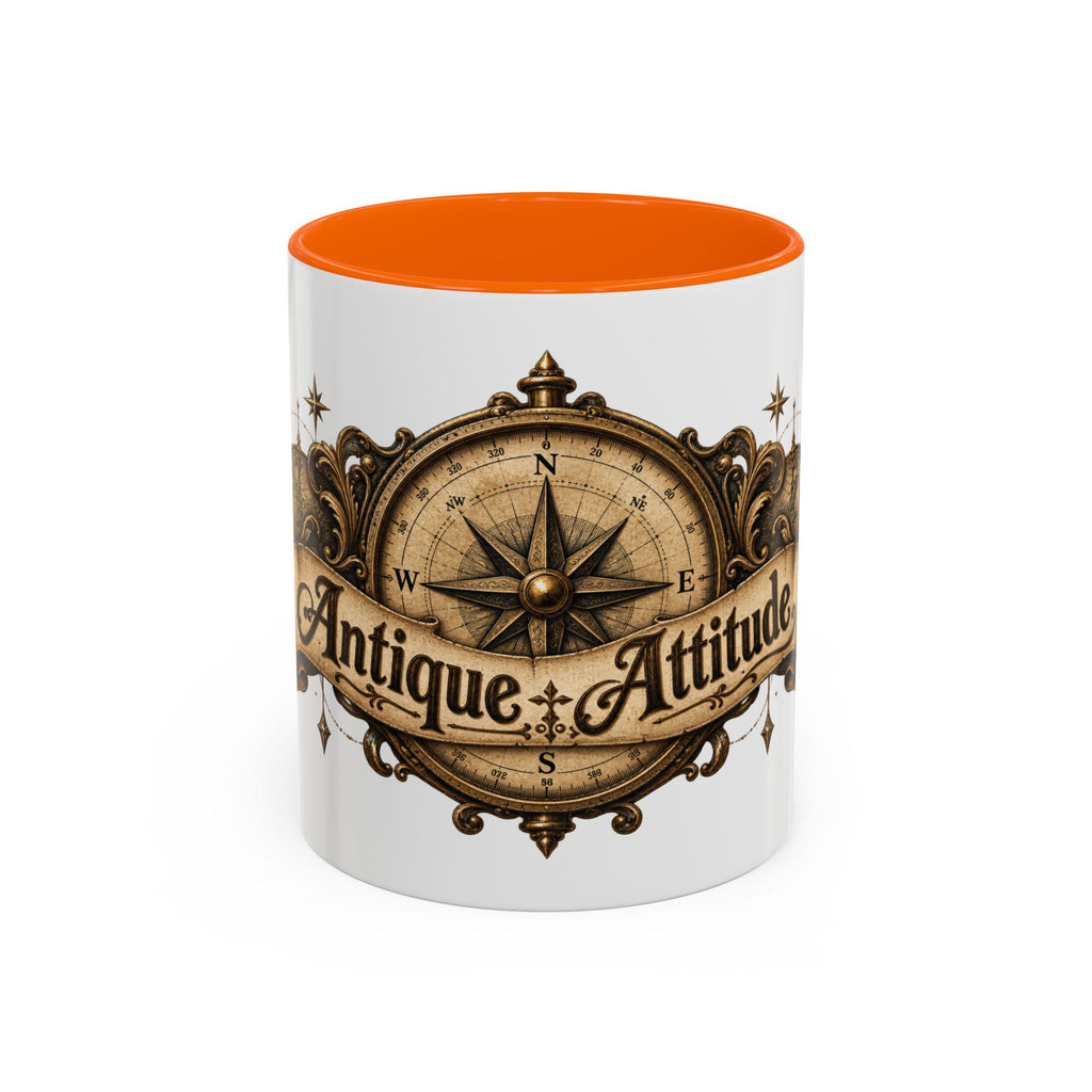 Antique Attitude accent coffee mug, 11oz, white with orange interior and handle