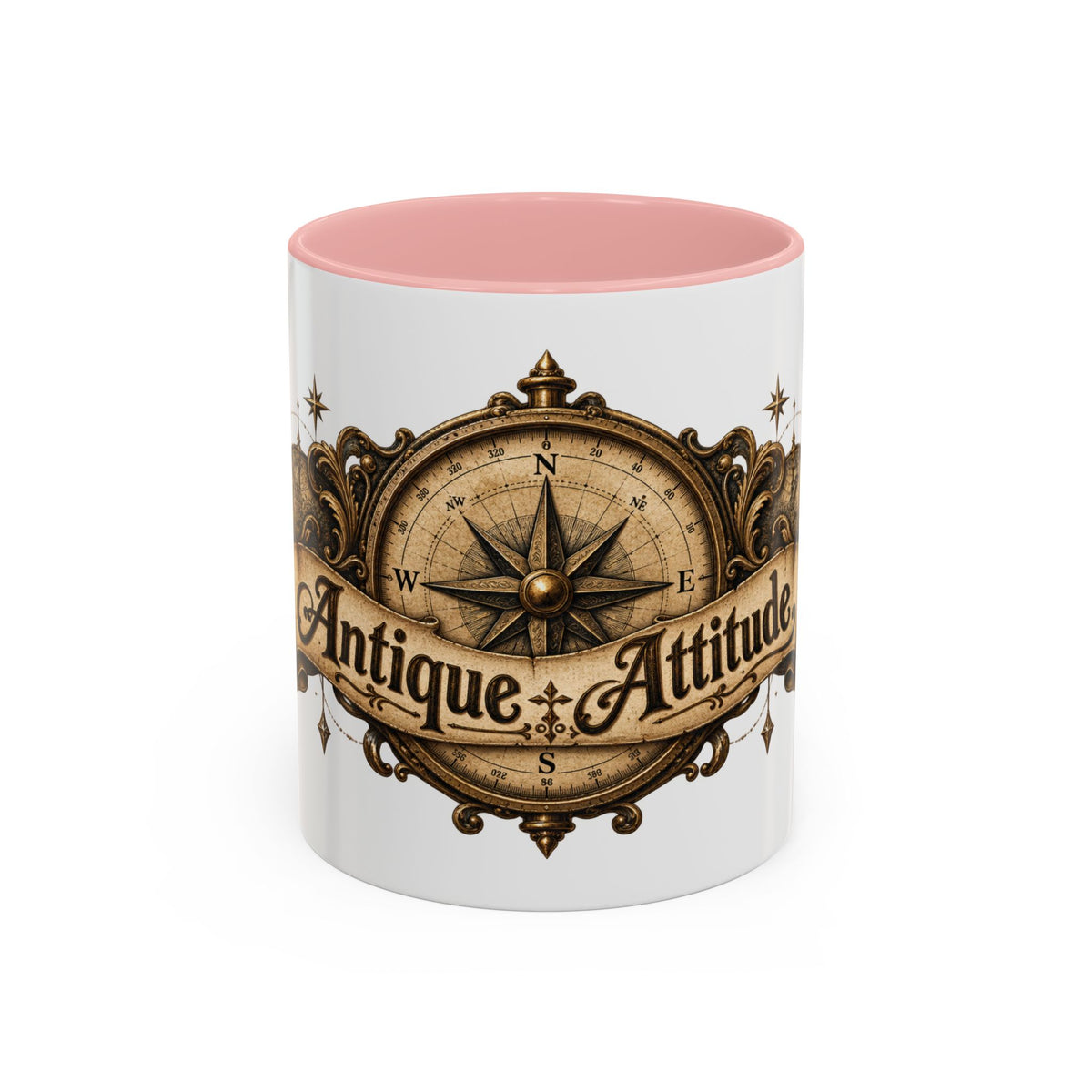 Antique Attitude accent coffee mug, 11oz, white with pink interior and handle