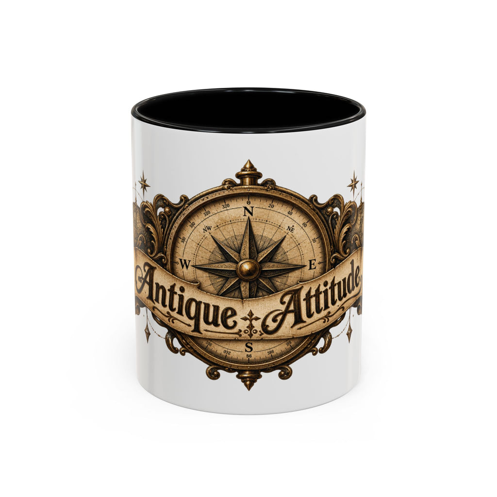 Antique Attitude accent coffee mug, 11oz, white with black interior and handle