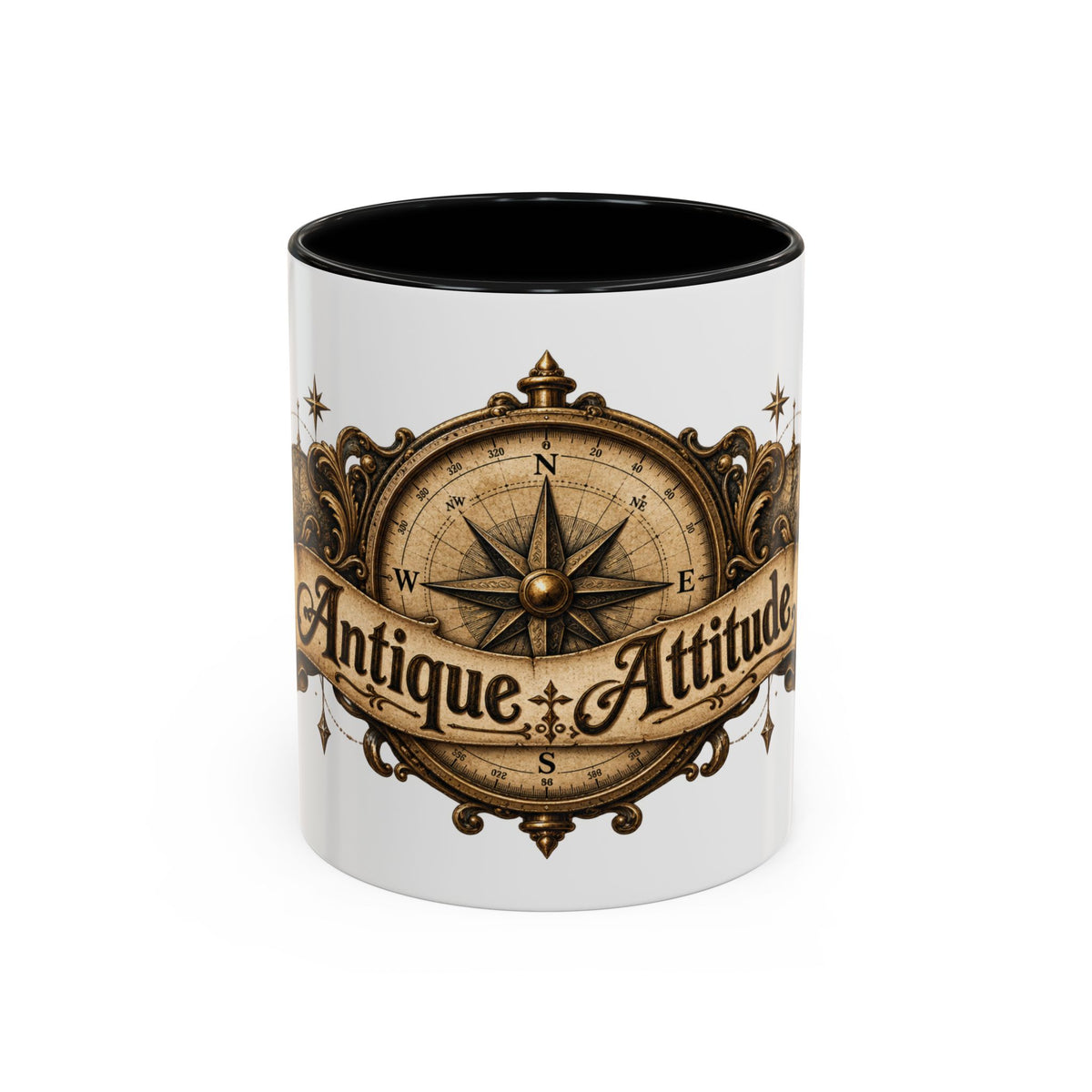 Antique Attitude accent coffee mug, 11oz, white with black interior and handle