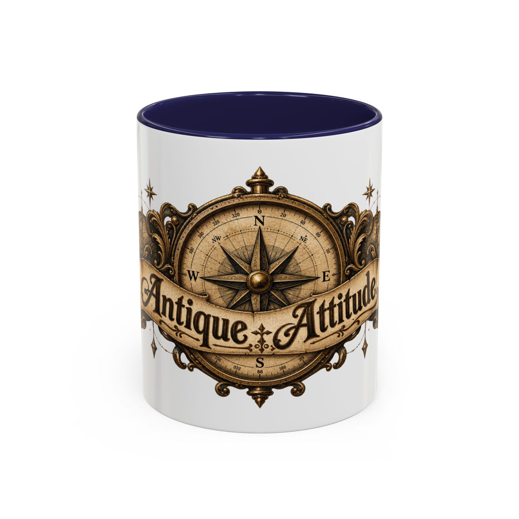 Antique Attitude accent coffee mug, 11oz, white with navy interior and handle