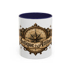 Antique Attitude accent coffee mug, 11oz, white with navy interior and handle