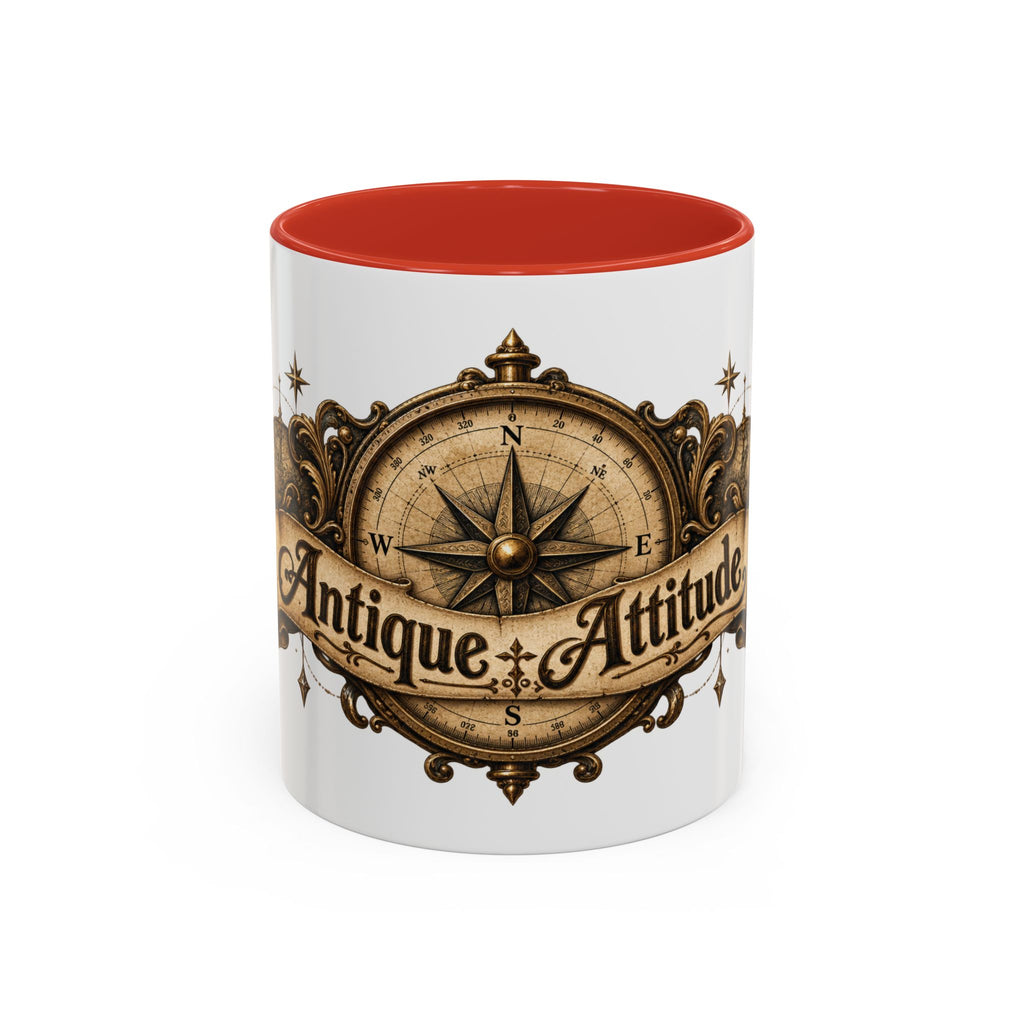 Antique Attitude accent coffee mug, 11oz, white with red interior and handle