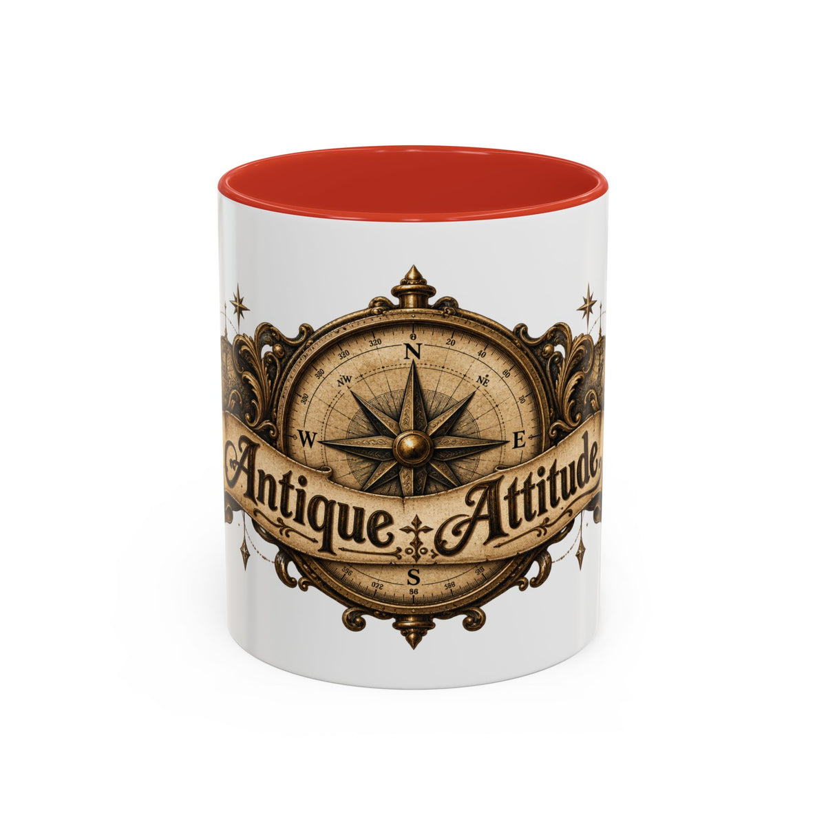 Antique Attitude accent coffee mug, 11oz, white with red interior and handle