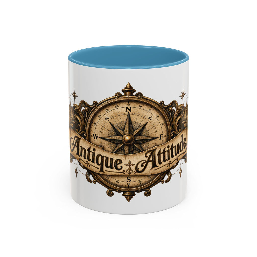 Antique Attitude accent coffee mug, 11oz, white with light blue interior and handle