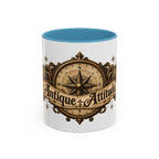 Antique Attitude accent coffee mug, 11oz, white with light blue interior and handle