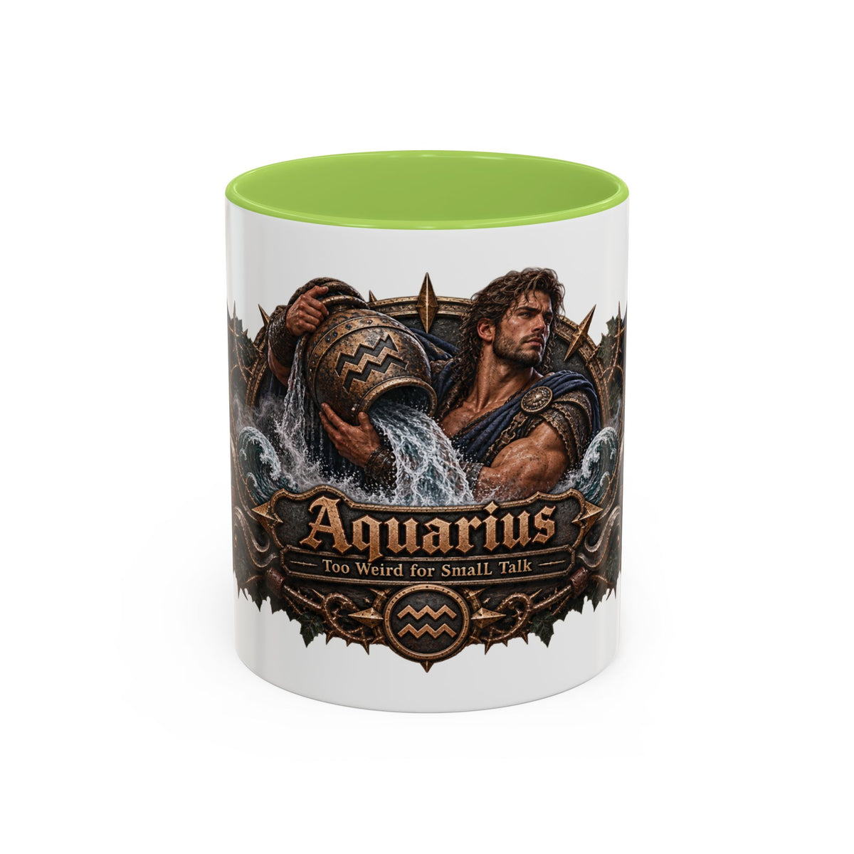 Aquarius Bronze Zodiac accent coffee mug, 11oz, white with light green interior and handle