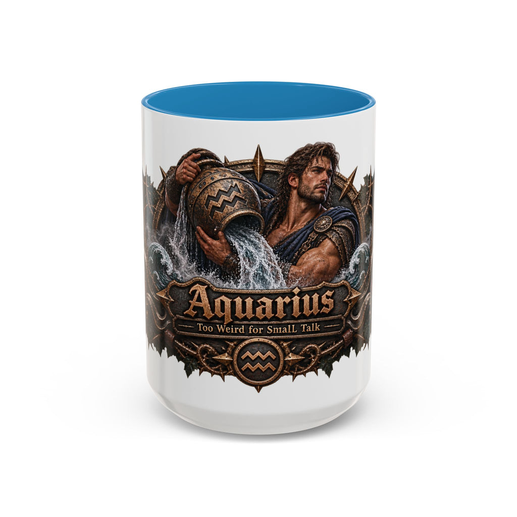 Aquarius Bronze Zodiac accent coffee mug, 15oz, white with blue interior and handle