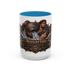 Aquarius Bronze Zodiac accent coffee mug, 15oz, white with blue interior and handle