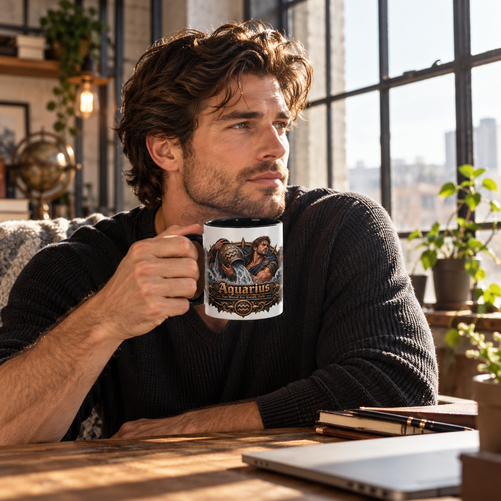 Aquarius Bronze Zodiac accent coffee mug in a cozy lifestyle photo