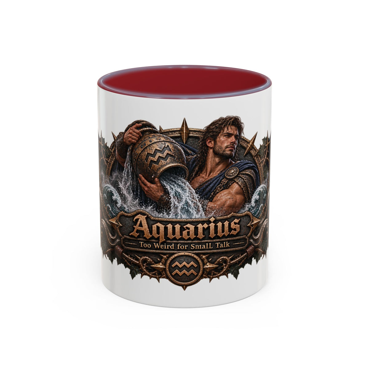 Aquarius Bronze Zodiac accent coffee mug, 11oz, white with maroon interior and handle