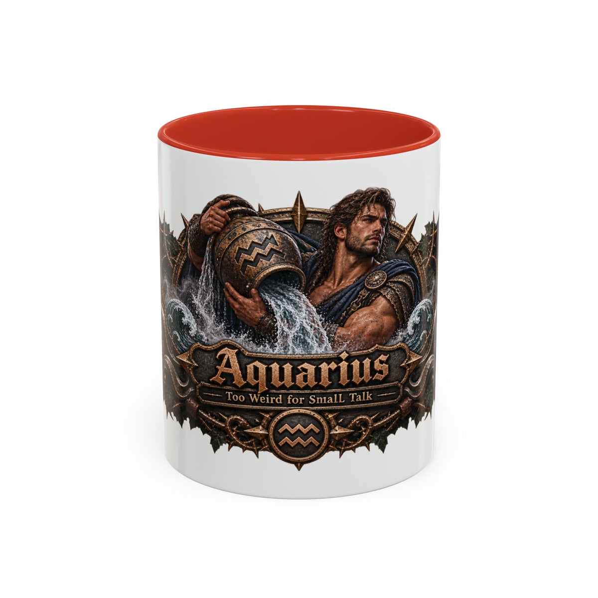 Aquarius Bronze Zodiac accent coffee mug, 11oz, white with red interior and handle