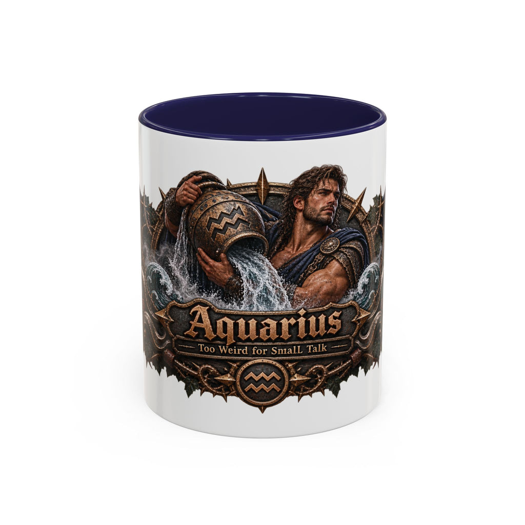 Aquarius Bronze Zodiac accent coffee mug, 11oz, white with navy interior and handle