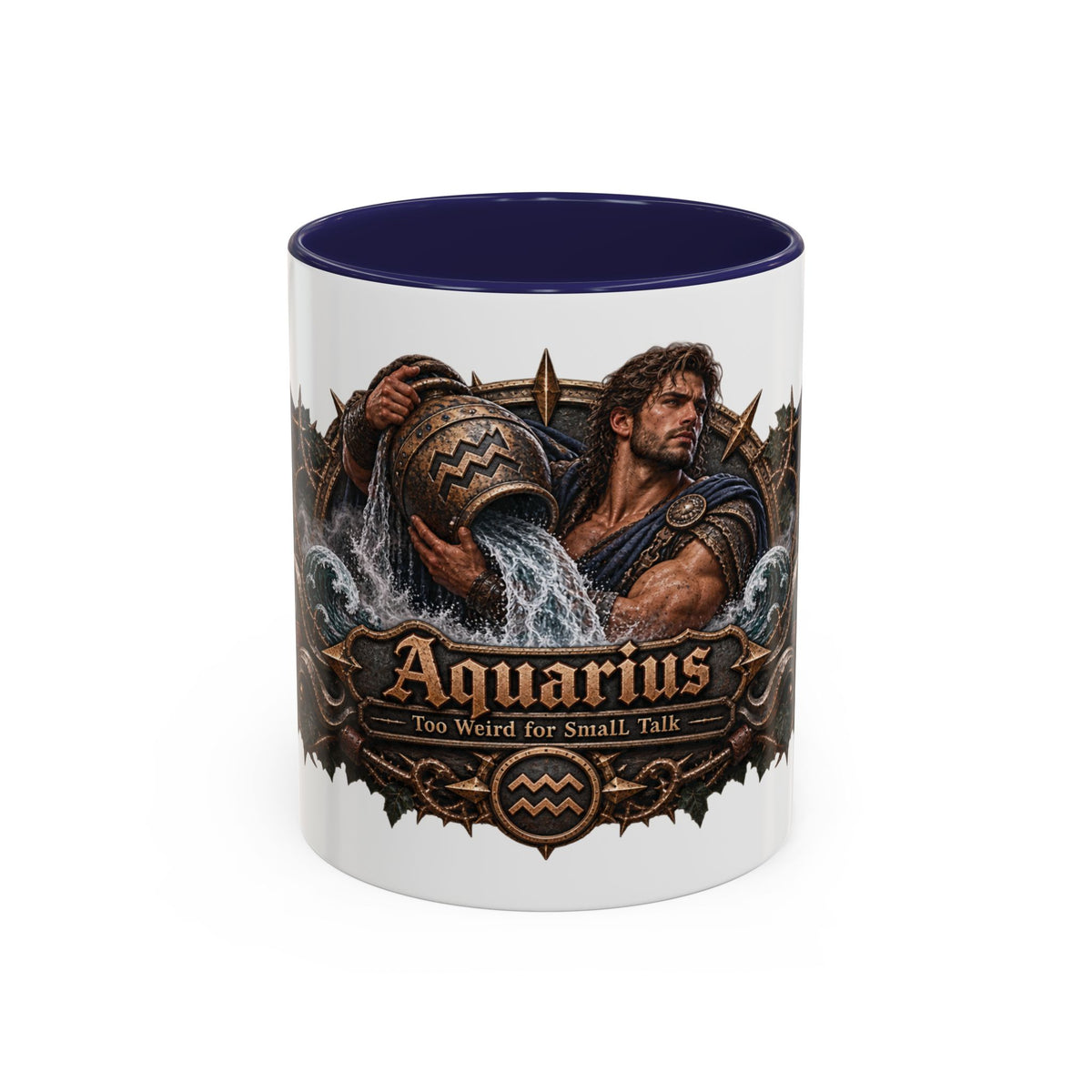 Aquarius Bronze Zodiac accent coffee mug, 11oz, white with navy interior and handle