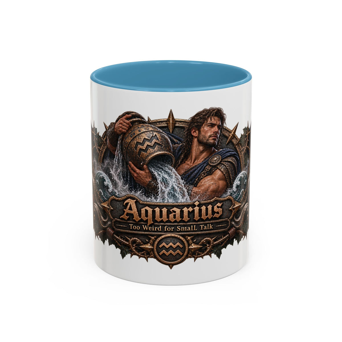 Aquarius Bronze Zodiac accent coffee mug, 11oz, white with light blue interior and handle